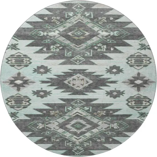 8' Mint Green Charcoal And Gray Tribal Washable Round Rug With UV Protection Photo 3