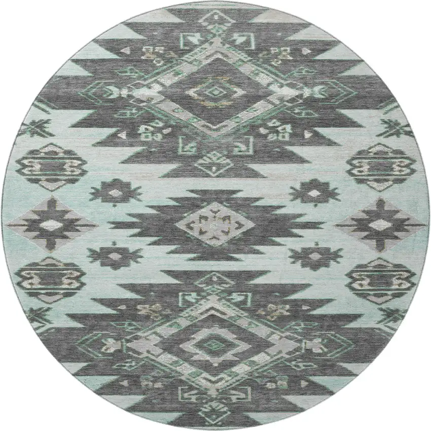8' Mint Green Charcoal And Gray Tribal Washable Round Rug With UV Protection Photo 3
