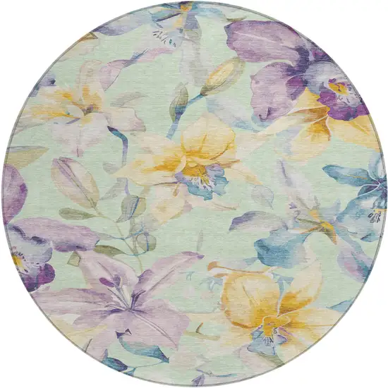 8' Mint Green Gold And Lavender Round Floral Washable Indoor Outdoor Area Rug Photo 2