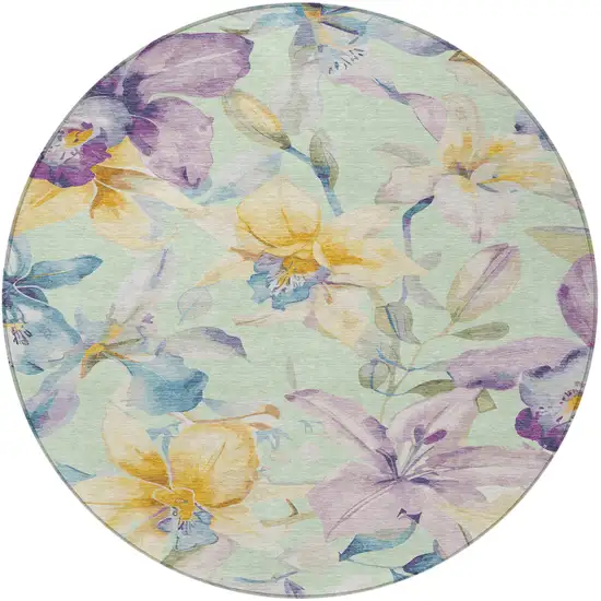 8' Mint Green Gold And Lavender Round Floral Washable Indoor Outdoor Area Rug Photo 5