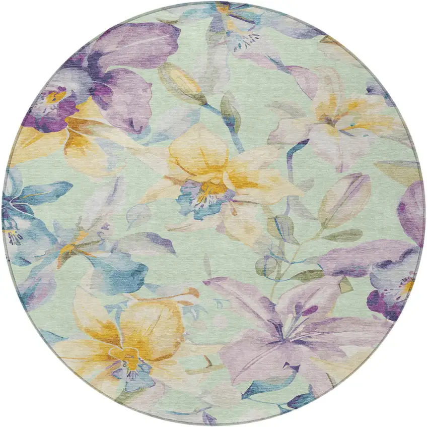8' Mint Green Gold And Lavender Round Floral Washable Indoor Outdoor Area Rug Photo 5