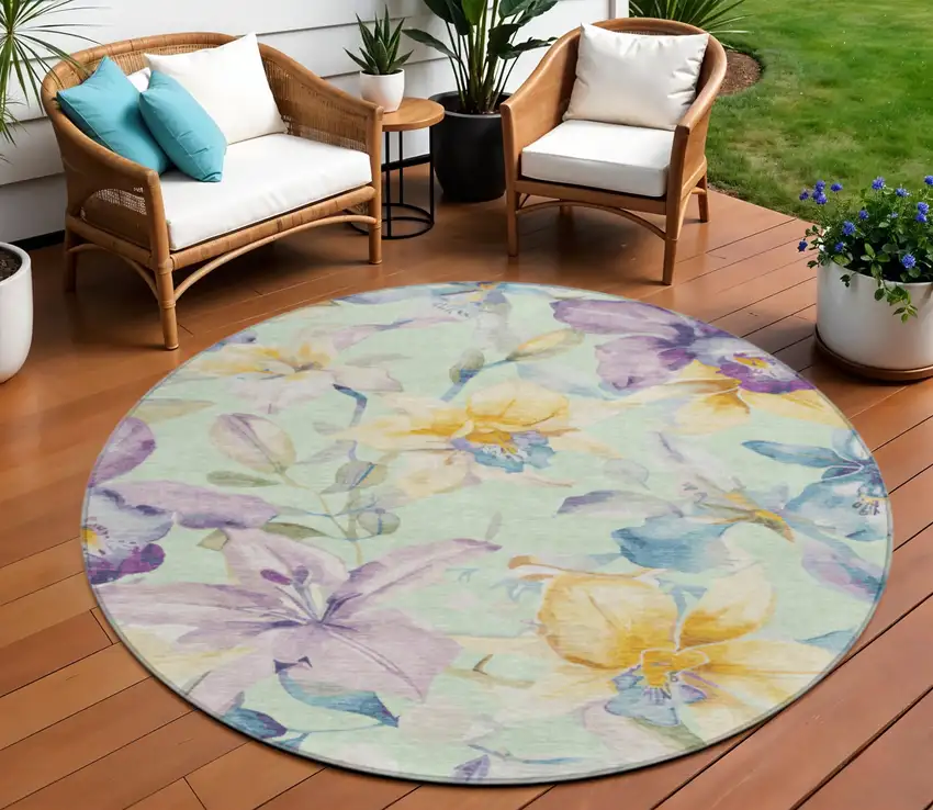 8' Mint Green Gold And Lavender Round Floral Washable Indoor Outdoor Area Rug Photo 1