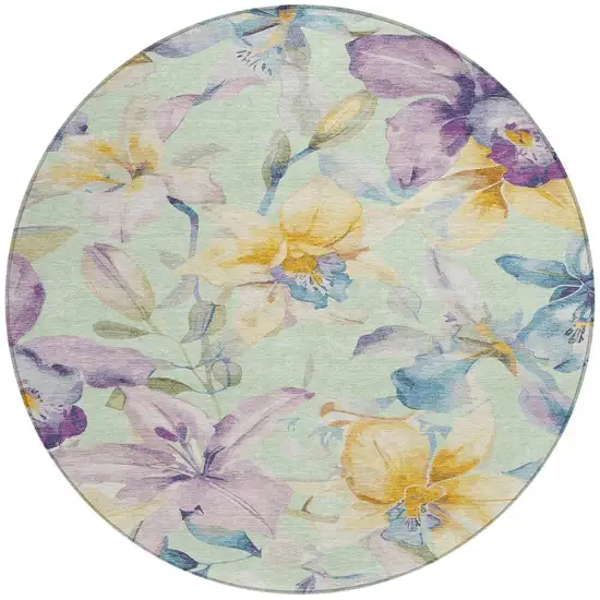 8' Mint Green Gold And Lavender Round Floral Washable Indoor Outdoor Area Rug Photo 4
