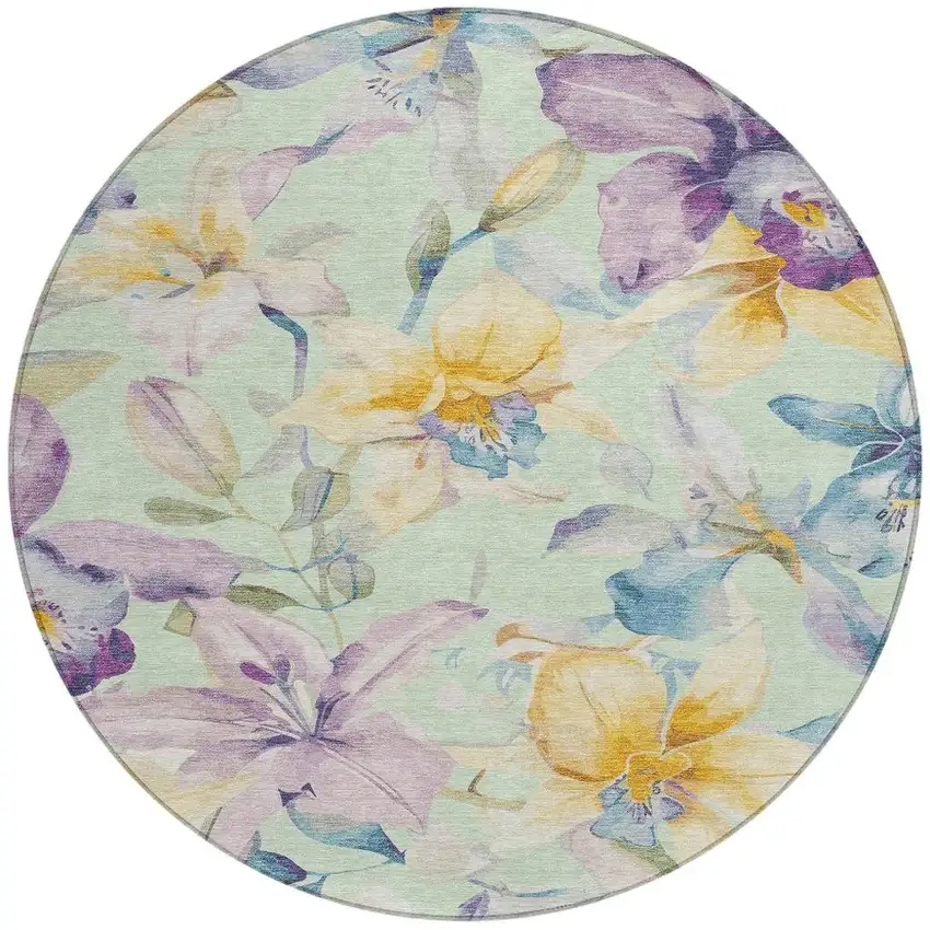 8' Mint Green Gold And Lavender Round Floral Washable Indoor Outdoor Area Rug Photo 4