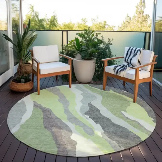8' Mint Green Gray And Charcoal Round Abstract Washable Indoor Outdoor Area Rug Photo 8