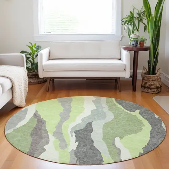 8' Mint Green Gray And Charcoal Round Abstract Washable Indoor Outdoor Area Rug Photo 9