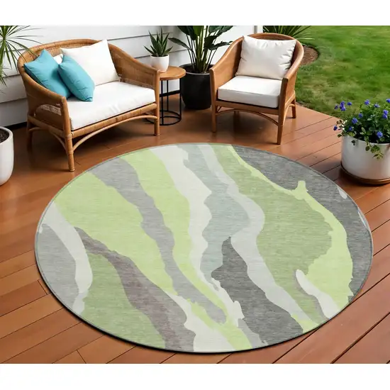 8' Mint Green Gray And Charcoal Round Abstract Washable Indoor Outdoor Area Rug Photo 1