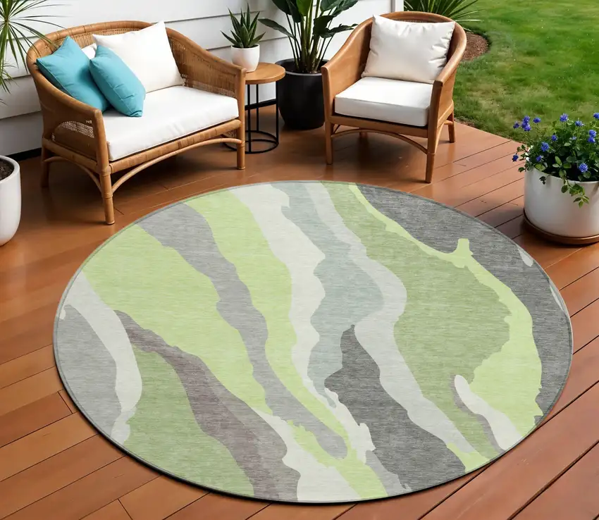 8' Mint Green Gray And Charcoal Round Abstract Washable Indoor Outdoor Area Rug Photo 1