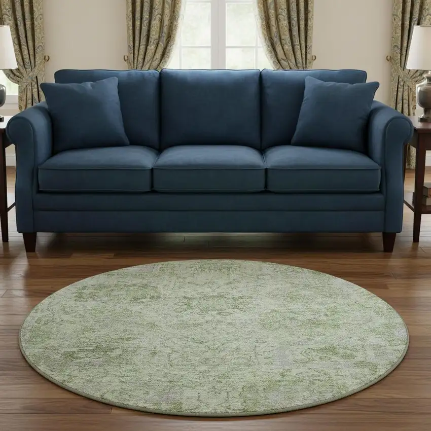 8' Mint Green Gray And Ivory Damask Washable Round Rug With UV Protection Photo 2