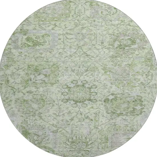 8' Mint Green Gray And Ivory Damask Washable Round Rug With UV Protection Photo 2