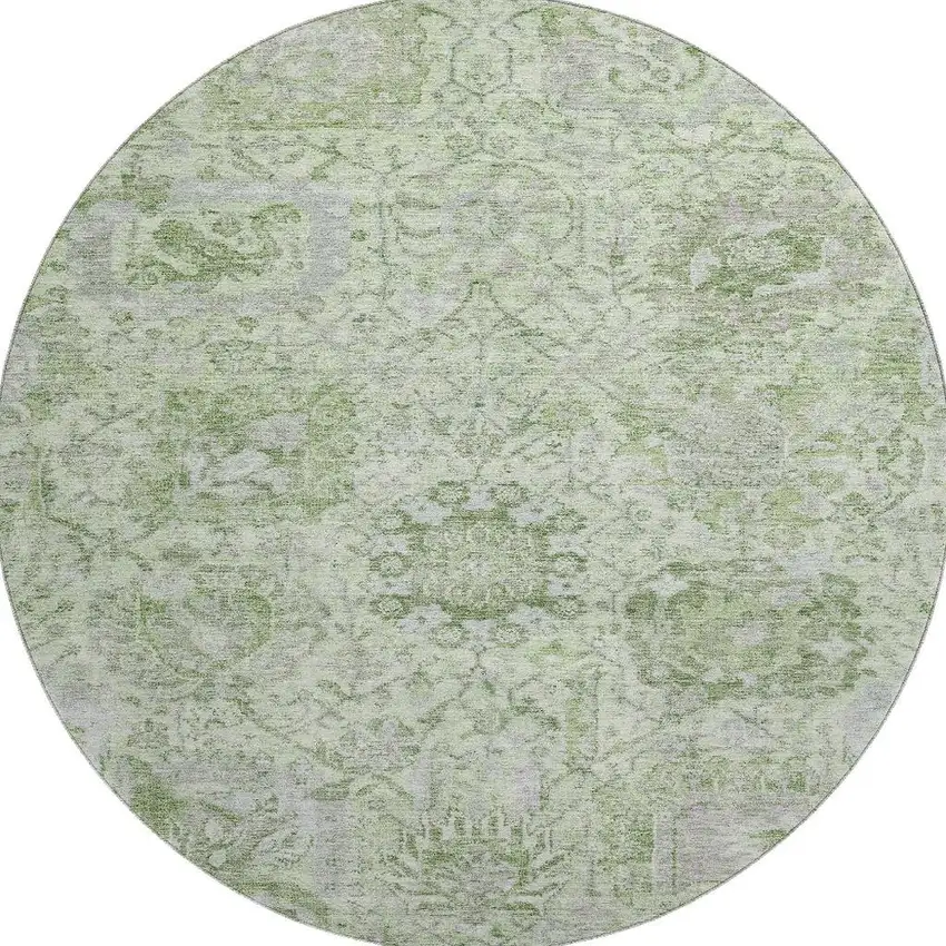 8' Mint Green Gray And Ivory Damask Washable Round Rug With UV Protection Photo 2