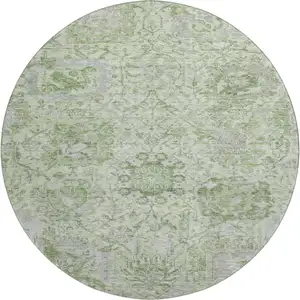 Photo of 8' Mint Green Gray And Ivory Damask Washable Round Rug With UV Protection