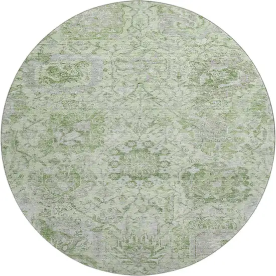 8' Mint Green Gray And Ivory Damask Washable Round Rug With UV Protection Photo 1