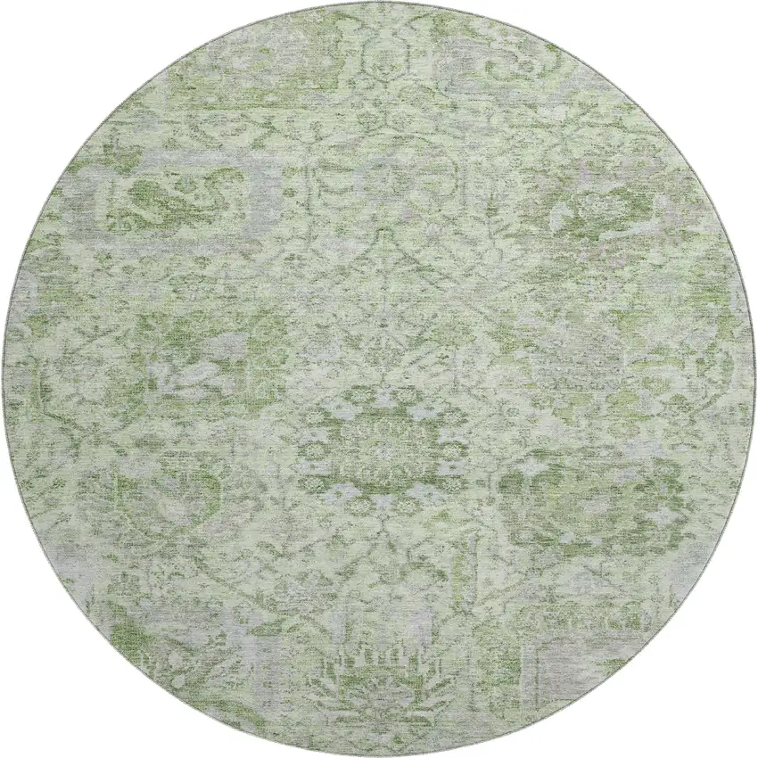 8' Mint Green Gray And Ivory Damask Washable Round Rug With UV Protection Photo 1