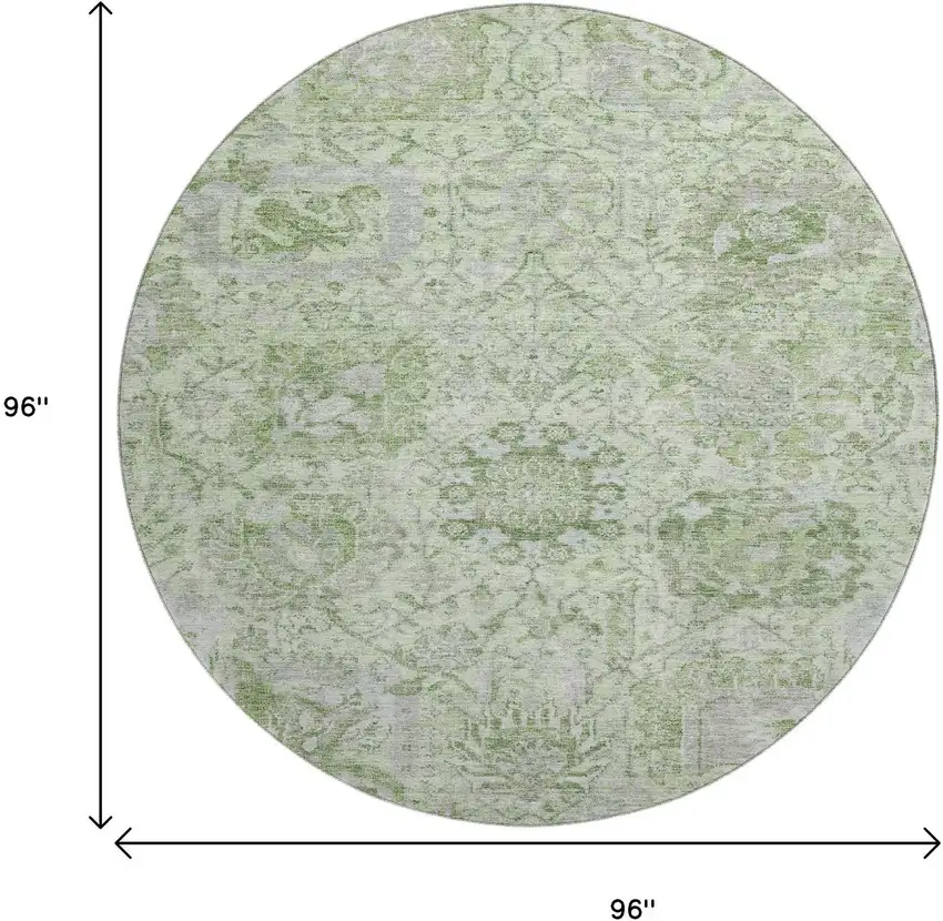8' Mint Green Gray And Ivory Damask Washable Round Rug With UV Protection Photo 9