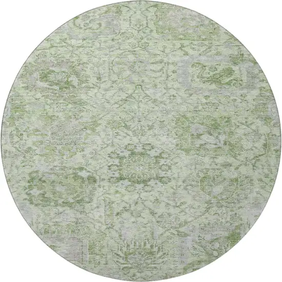 8' Mint Green Gray And Ivory Damask Washable Round Rug With UV Protection Photo 3