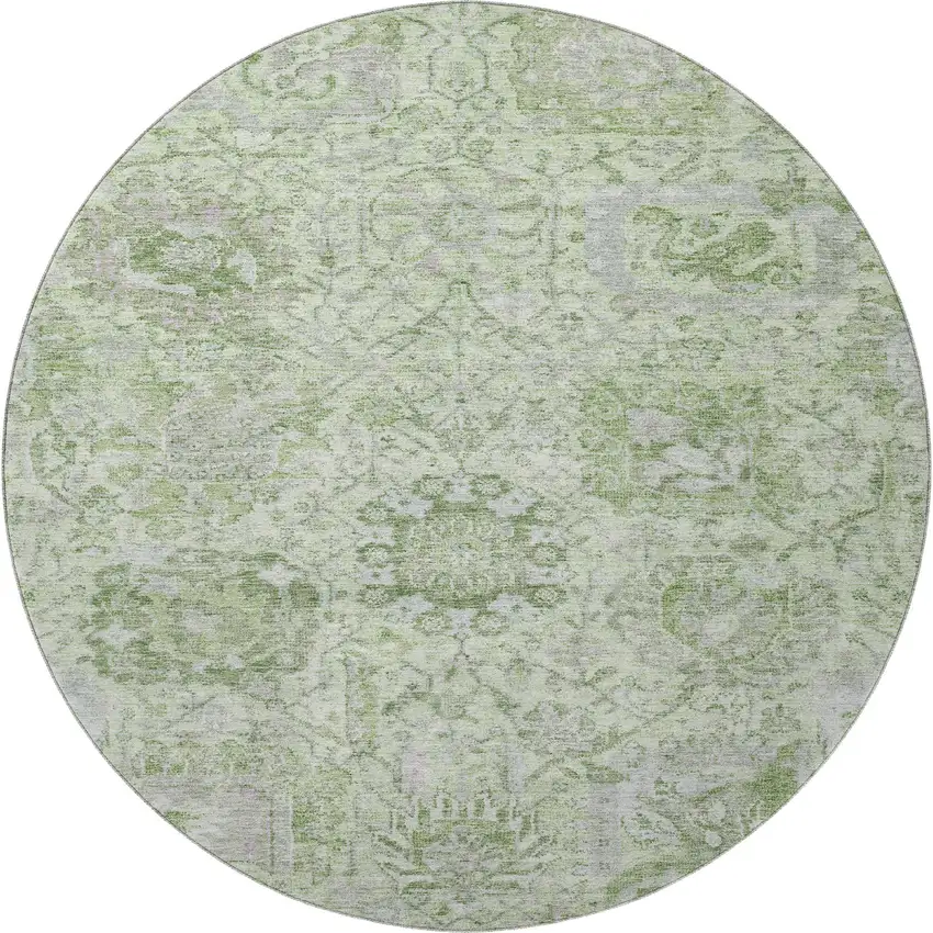 8' Mint Green Gray And Ivory Damask Washable Round Rug With UV Protection Photo 3
