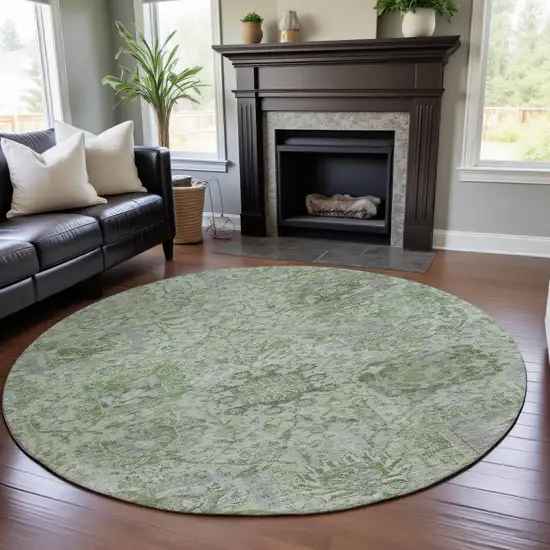 8' Mint Green Gray And Ivory Damask Washable Round Rug With UV Protection Photo 4