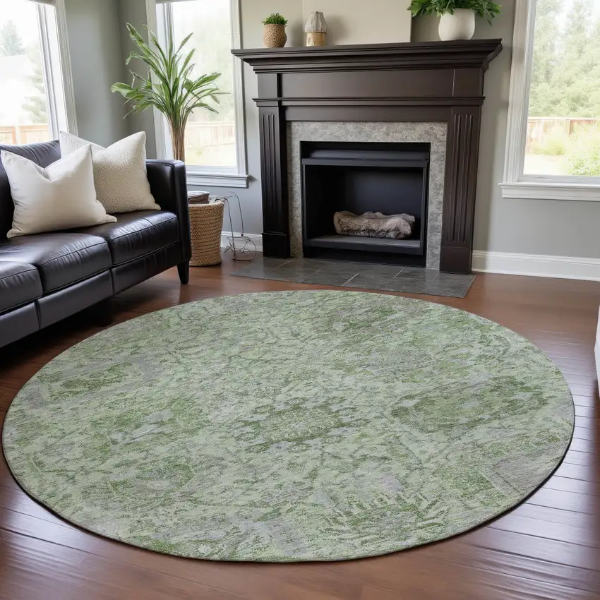 8' Mint Green Gray And Ivory Damask Washable Round Rug With UV Protection Photo 4