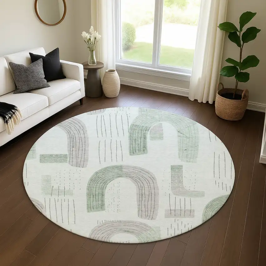 8' Mint Green Gray And Ivory Geometric Washable Round Rug With UV Protection Photo 4