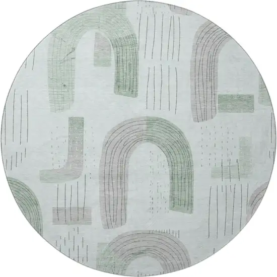 8' Mint Green Gray And Ivory Geometric Washable Round Rug With UV Protection Photo 3
