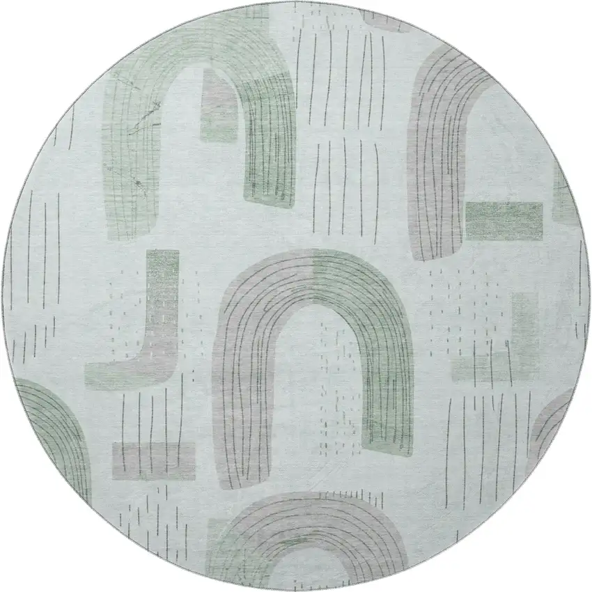 8' Mint Green Gray And Ivory Geometric Washable Round Rug With UV Protection Photo 3