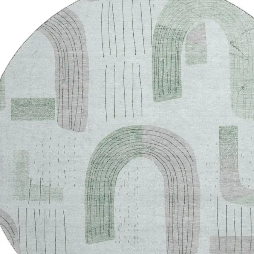8' Mint Green Gray And Ivory Geometric Washable Round Rug With UV Protection Photo 2