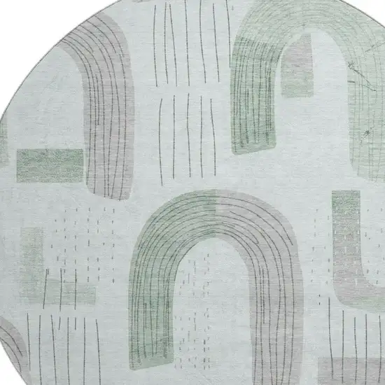 8' Mint Green Gray And Ivory Geometric Washable Round Rug With UV Protection Photo 2