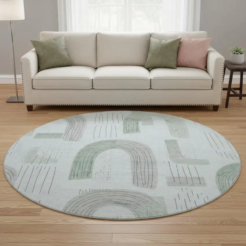 8' Mint Green Gray And Ivory Geometric Washable Round Rug With UV Protection Photo 2