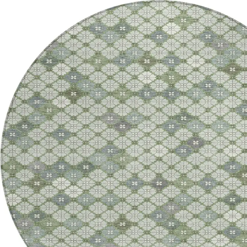 8' Mint Green Gray And Ivory Round Geometric Washable Indoor Outdoor Area Rug Photo 4