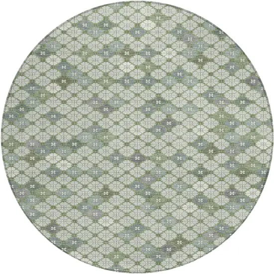 8' Mint Green Gray And Ivory Round Geometric Washable Indoor Outdoor Area Rug Photo 1