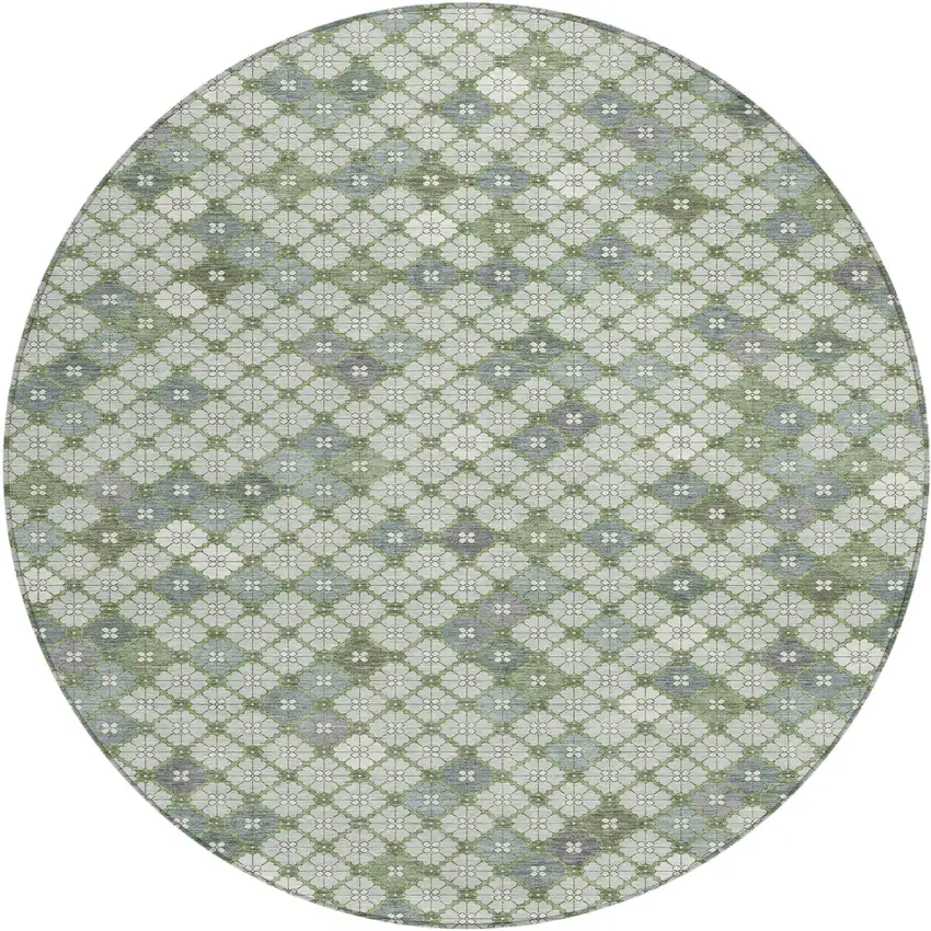 8' Mint Green Gray And Ivory Round Geometric Washable Indoor Outdoor Area Rug Photo 1