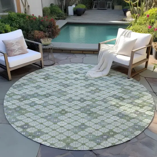 8' Mint Green Gray And Ivory Round Geometric Washable Indoor Outdoor Area Rug Photo 5