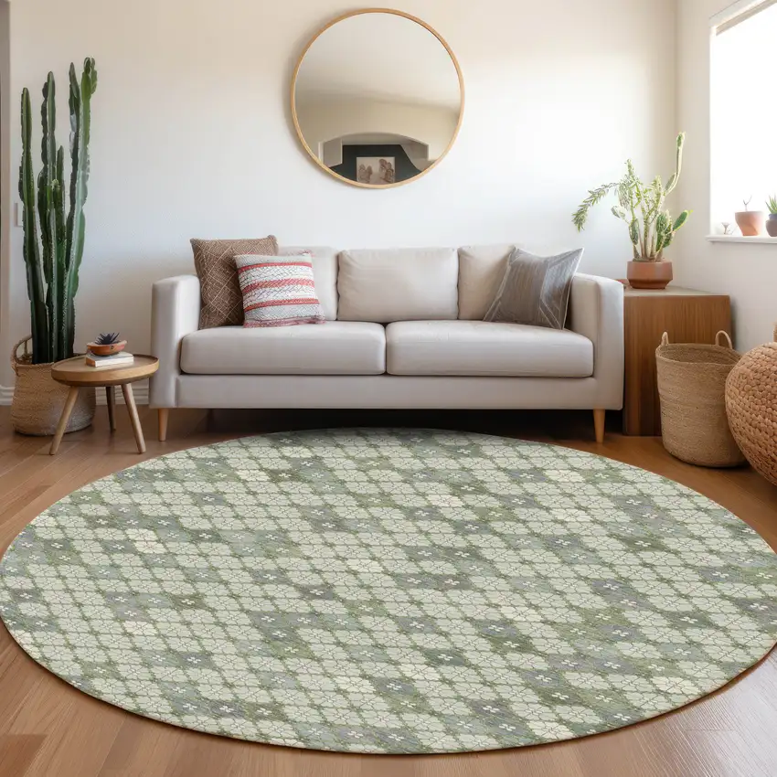 8' Mint Green Gray And Ivory Round Geometric Washable Indoor Outdoor Area Rug Photo 6