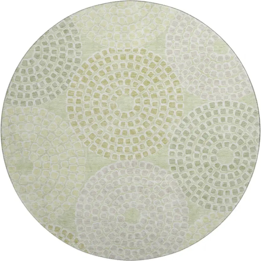 8' Mint Green Gray And Olive Green Geometric Washable Round Rug With UV Protection Photo 1