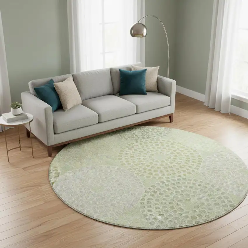 8' Mint Green Gray And Olive Green Geometric Washable Round Rug With UV Protection Photo 2