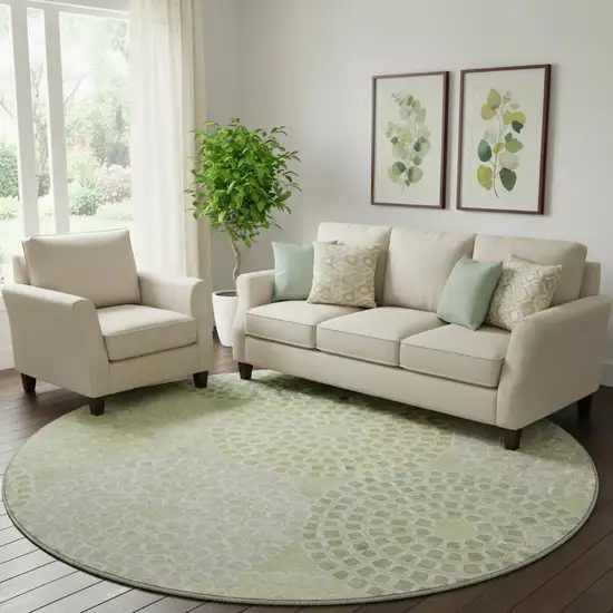 8' Mint Green Gray And Olive Green Geometric Washable Round Rug With UV Protection Photo 2