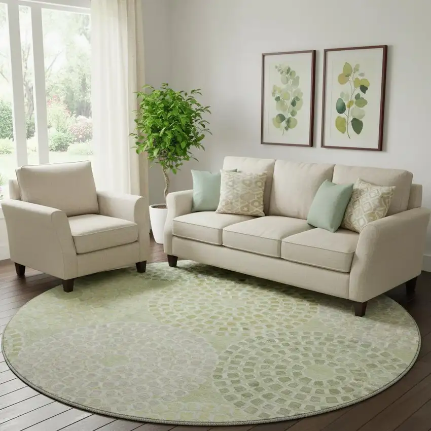 8' Mint Green Gray And Olive Green Geometric Washable Round Rug With UV Protection Photo 2