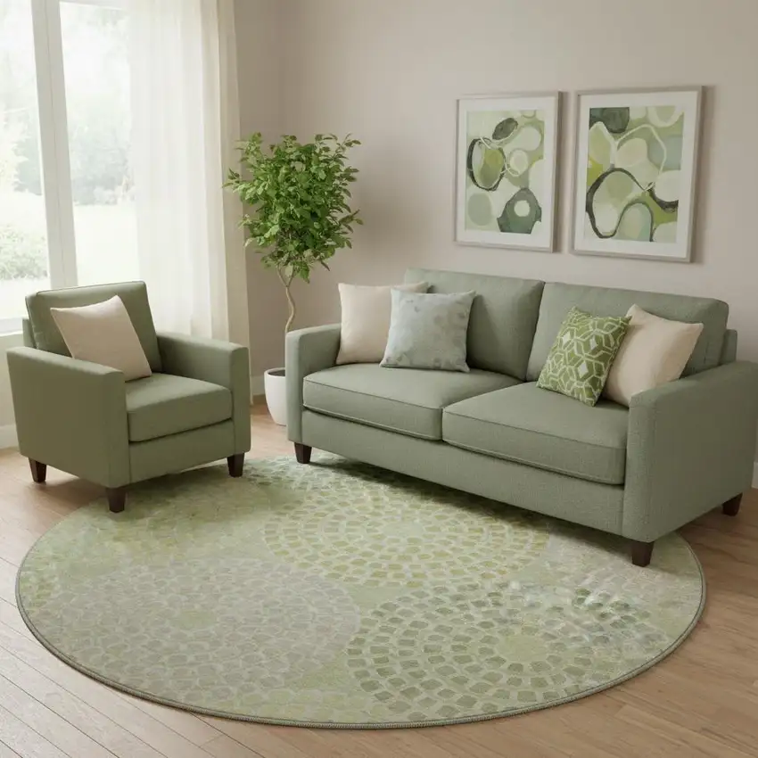 8' Mint Green Gray And Olive Green Geometric Washable Round Rug With UV Protection Photo 1