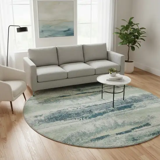 8' Mint Green Ivory And Blue Abstract Washable Round Rug With UV Protection Photo 2