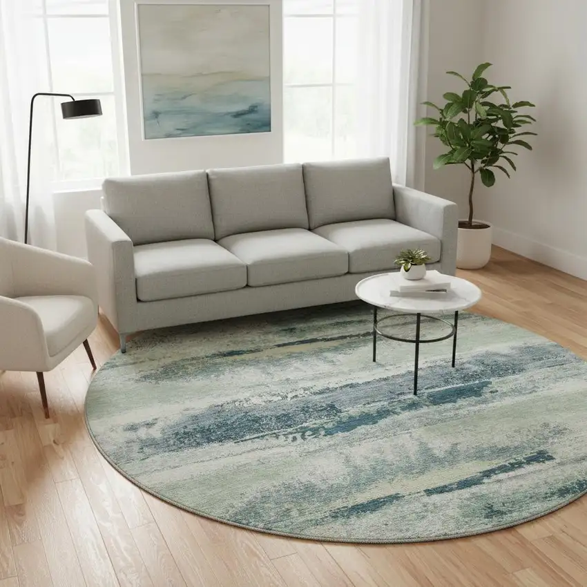 8' Mint Green Ivory And Blue Abstract Washable Round Rug With UV Protection Photo 2