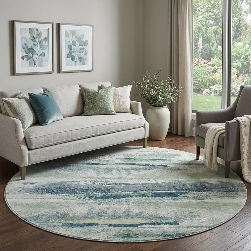 8' Mint Green Ivory And Blue Abstract Washable Round Rug With UV Protection Photo 1