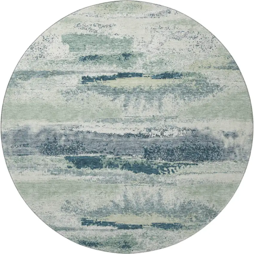 8' Mint Green Ivory And Blue Abstract Washable Round Rug With UV Protection Photo 3