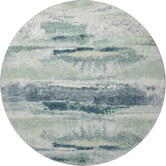 8' Mint Green Ivory And Blue Abstract Washable Round Rug With UV Protection Photo 3