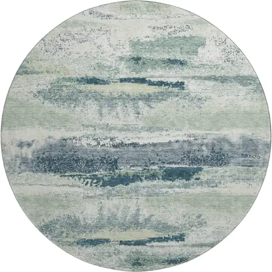 8' Mint Green Ivory And Blue Abstract Washable Round Rug With UV Protection Photo 1