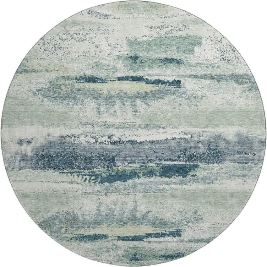 8' Mint Green Ivory And Blue Abstract Washable Round Rug With UV Protection Photo 1
