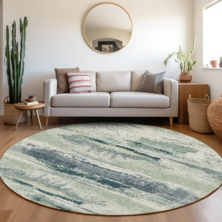 8' Mint Green Ivory And Blue Abstract Washable Round Rug With UV Protection Photo 4