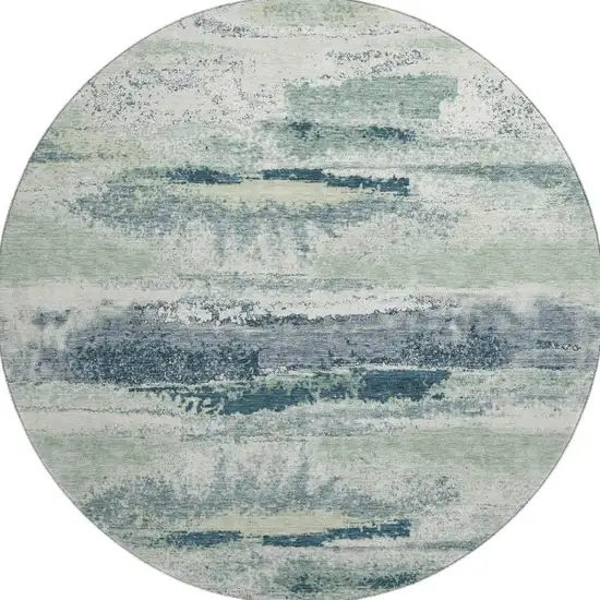 8' Mint Green Ivory And Blue Abstract Washable Round Rug With UV Protection Photo 2