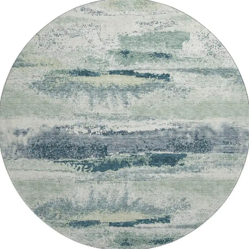 8' Mint Green Ivory And Blue Abstract Washable Round Rug With UV Protection Photo 2