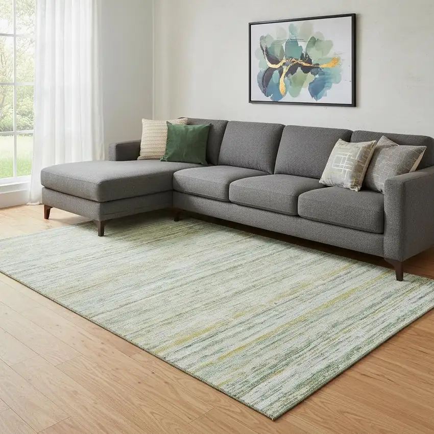 8' Mint Green Ivory And Gold Striped Washable Area Rug With UV Protection Photo 1